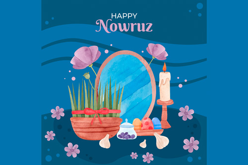 وکتور EPS و Ai لایه باز آبرنگی سفره هفت سین شامل آینه و سبزه و تخم مرغ رنگی و شمع و سیر و گل ویژه عید نوروز 